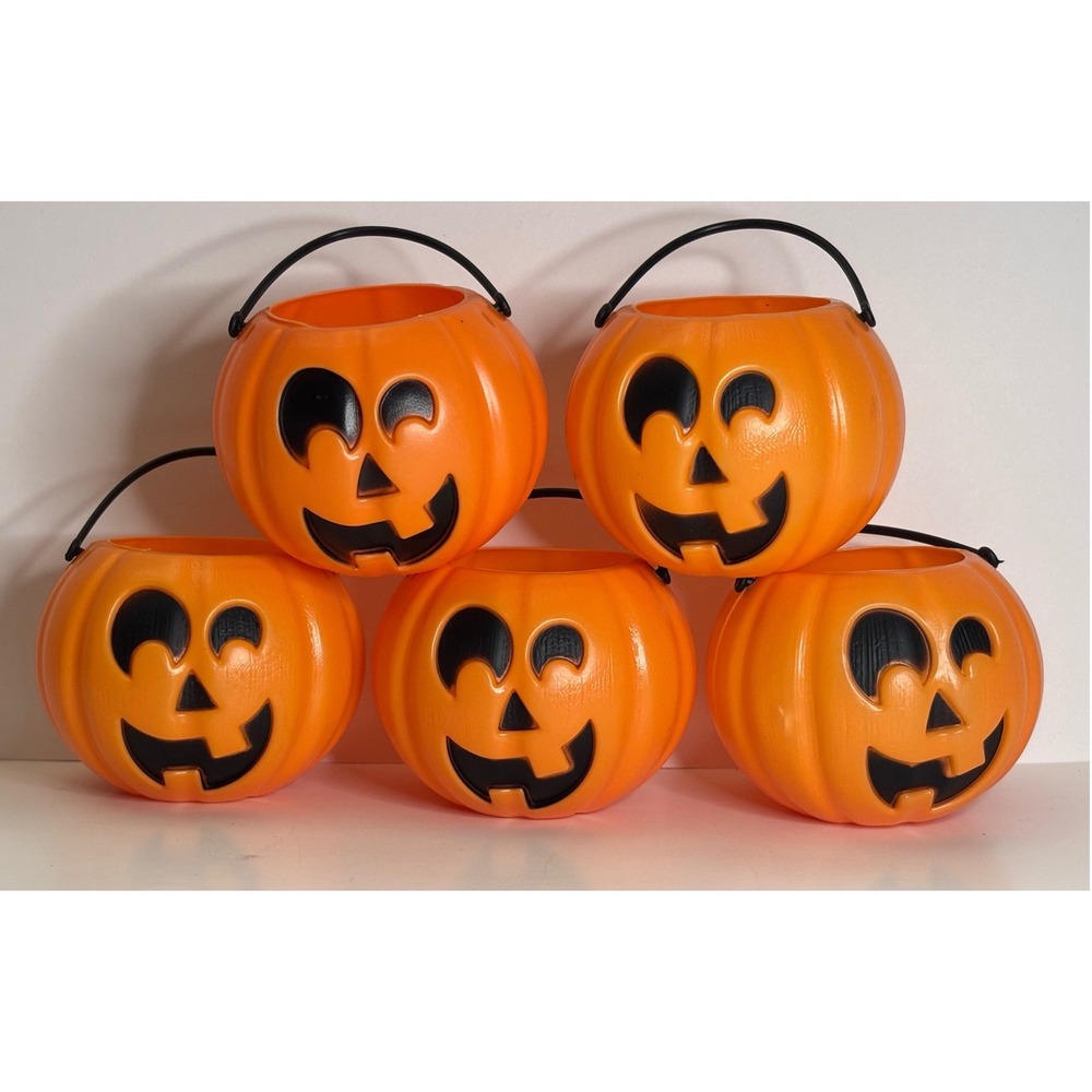 Mini Blow Mold Orange Plastic Halloween Jack-O-Lantern Pumpkin Pails Set of 5